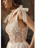 Tie Straps Ivory Lace Satin Pretty Wedding Dress